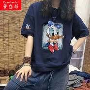 萱戀菲（Xuanliaofei）純棉短袖t恤女夏季2023寬松拼接唐老鴨減齡印花中長款純棉上衣潮 藏青色【唐老鴨】 L 建議110-125斤