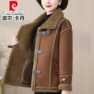 皮爾卡丹（pierre cardin）媽媽冬裝加絨加厚皮毛一體短款外套女中老年女裝羊羔鹿皮絨機(jī)車服 咖色 3XL 建議125-140斤
