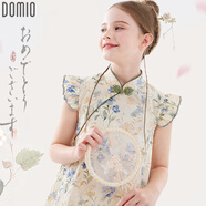 多妙屋女童連衣裙純棉夏裝兒童新中式旗袍裙子大童國(guó)風(fēng)裙 W011藍(lán)綠 140 