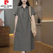 皮爾卡丹（pierre cardin）大|碼格子polo領(lǐng)短袖襯衫連衣裙女士夏季寬松顯瘦減齡休閑直筒裙 黑色 2XL 【建議125-140斤】