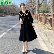 艾妃琳黑色連衣裙長袖長款秋冬2025新款感法式赫本風(fēng)娃娃領(lǐng)絲絨裙子 黑色絲絨裙 S