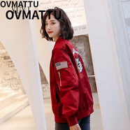 OVMATTU輕奢潮牌 女裝短外套女2022春秋新款韓版寬松棒球服夾克服飛行員夾克潮 酒紅色 L