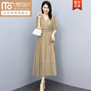莫代爾廣州十三行連衣裙女夏季2025年新款系帶收腰顯瘦氣質(zhì)修身中長(cháng)裙子 卡其色 2XL 【建議125-135斤】