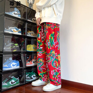 尊首（ZUNSHOU）東北大花褲子男女同款特色民族風(fēng)喜慶牡丹花休閑褲直筒松緊腰長褲 紅色 薄款 XL 110-130斤