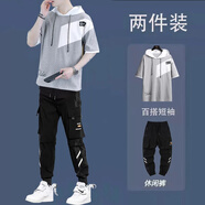 執笙記連帽短袖t恤男士休閑套裝夏季薄款五分袖衣服男裝一套搭配兩件裝 T3267灰色+K501工裝褲 L 100-120斤
