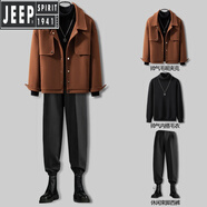 吉普（JEEP）英倫雅痞男裝冬季套裝男帥氣炸街駝色短款炸街呢子夾克男外套 【3件】駝色大衣+黑色毛衣+254加 M