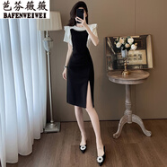 芭芬薇薇時(shí)尚氣質(zhì)減齡休閑連衣裙女夏季顯瘦法式赫本風(fēng)黑色小個(gè)子開(kāi)叉裙子 黑色 M