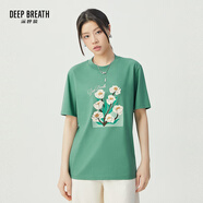 深呼吸DEEP BREATH女裝休閑印花釘珠花圖案寬松短袖T恤女A301507 綠 M (3)