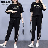 莎妮朵羅大碼女裝套裝女胖mm夏胖人顯瘦加肥加大碼女裝寬松休閑套裝16014 黑色-小雛菊15911 4XL （建議175-190斤）