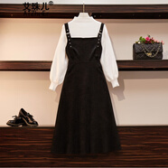 艾珠兒連衣裙套裝2023秋冬季新款針織毛衣遮肉燈芯絨背帶裙兩件套套裝裙 白色套裝 L