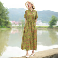 亂在江南抽繩系帶印花連衣裙女夏季新品高腰褶皺復古民族風(fēng)中長(cháng)裙 綠色 L