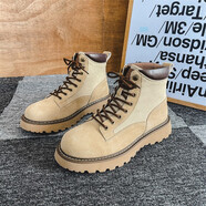 加絨加厚靴子男冬季新款反絨皮馬丁靴男中幫厚底耐磨工裝靴男士休閑高幫鞋英倫復古情侶大黃靴潮流百搭男女鞋 杏色(真皮) 女碼35(皮鞋碼)