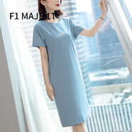 F1MAJE1T 高端設計師品牌連衣裙T恤裙女夏棉長(cháng)款短袖過(guò)膝圓領(lǐng)寬松顯瘦休閑 737款藍色 S 【90-100】建議體重