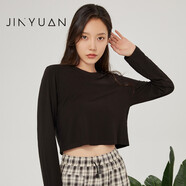 金苑長袖T恤女2022春季新款寬松純色打底衫短款針織上衣F221103 黑色 S(160/84A)