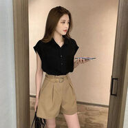 勛貍粑年新款夏季女裝時(shí)尚短褲套裝氣質(zhì)顯瘦輕熟鹽系上衣休閑兩件套 套裝【黑色上衣+卡其短褲】  L 106-115 