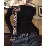 入秋謠歐美斜肩豹紋打底衫女裝春秋季長(cháng)袖t恤上衣修身小眾 黑色 上衣 2XL