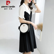 皮爾卡丹（pierre cardin）雪紡連衣裙子女裝2025年新款夏季黑白拼接假兩件小個子氣質(zhì)中長裙 黑白 M (90-105斤)