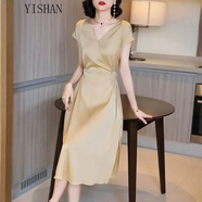 毅珊連衣裙女夏短袖純色2024年新款女高端氣質(zhì)時(shí)尚系帶收腰顯瘦裙 香檳色 M