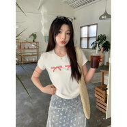 風(fēng)采兔 小眾刺繡蝴蝶結(jié)上衣女裝夏季白色短袖T恤短款修身百搭打底衫 白色 M