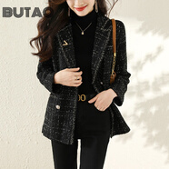 BUTAO毛呢西裝短外套女小香風(fēng)新款小個(gè)子格紋百搭西服上衣 黑色 M [96-105斤]