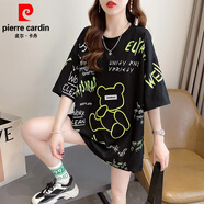 皮爾卡丹（pierre cardin）歐貨重工小熊短袖t恤女夏裝2025新款大碼女裝寬松韓版中長款上衣 黑色 2XL (適合171-200斤)
