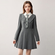 樂(lè )町JK學(xué)院風(fēng)百褶裙20襯衫假兩件長(cháng)袖裙格雷系西裝裙 灰色（現貨） S