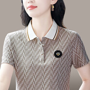 纖飛露短袖t恤女夏季新款高端冰絲棉質Polo衫帶領T恤中年媽提花休閑半袖 卡其 XL 建議穿110-119斤