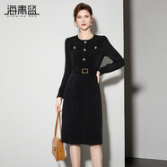 海青藍（CYANINE SEA）簡(jiǎn)約時(shí)尚高級感燈芯絨連衣裙女2024秋裝新款小香風(fēng)收腰顯瘦中長(cháng)裙 黑色 M