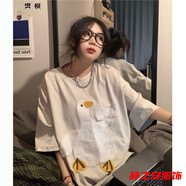 瑪菲萱夏季新款短袖t恤女寬松休閑五分袖短袖T恤女夏季ins港味日系可愛 白色  S 60-85斤