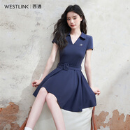 西遇學(xué)院風(fēng)連衣裙2024夏季POLO領(lǐng)V領(lǐng)收腰針織裙配腰帶 寶藍色 S