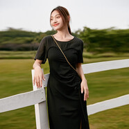 普普風(fēng)（FGFEEL）2023春季女裝新品抽繩開叉天絲拼接連衣裙OA3L19526S 黑色 S