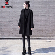 AEMAPE2025春秋加厚大衣女中長款西裝領(lǐng)韓版小個(gè)子時(shí)尚毛呢外套上衣女 黑色  2XL _建議140-160斤