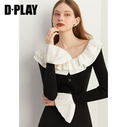 DPLAY2025年春季一字肩上衣設(shè)計感毛衣黑色別致針織衫上衣毛衫女 黑拼白針織上衣 XL
