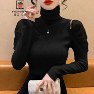 AEMAPE高領(lǐng)2025冬季毛衣新款網(wǎng)紗露肩修身內搭打底針織衫上衣女秋冬 黑色 均碼 (80-135斤拍)