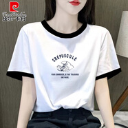 皮爾卡丹撞色減齡上衣歐貨純棉短袖t恤女2025夏季新款灰色正肩寬松體恤潮 白插黑-沖浪圖案 L 111-125斤