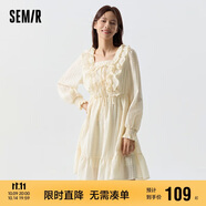 森馬連衣裙女荷葉邊蝴蝶結(jié)氛圍感優(yōu)雅方領(lǐng)裙子109124114003