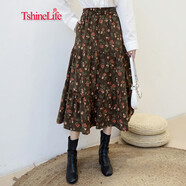 特尚萊菲 燈芯絨復古碎花半身裙秋冬新款中長(cháng)款百褶裙子顯瘦a字長(cháng)裙 BHF6170 1號花色 均碼（100-130斤）