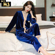 KJ睡衣女高端品牌秋冬貼身衣物金絲絨長(cháng)袖開(kāi)衫蕾絲花邊套裝家居服 藏青色 L 適合100-115斤