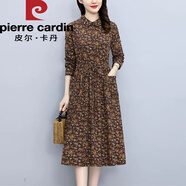 皮爾卡丹小碎花棉麻連衣裙女春秋2025新款中長款長袖收腰印花翻領(lǐng)打底裙子 咖色 3XL【建議135-150斤】