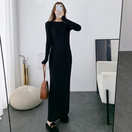 德朔毛衣連衣裙超長款毛衣裙女2021新款秋冬過膝腳踝修身加厚打底針織 黑色  M