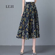 陸際（LUJI）碎花半身裙 香港潮牌2021春夏新款中長(cháng)款百搭高腰裙子女韓版氣質(zhì)雪紡顯瘦A字中裙 藍底碎花 S 【1尺8-1.9尺】