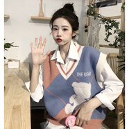 尚簡(jiǎn)紛2025ins馬甲背心復(fù)古短款針織衫外搭女春夏季新款學(xué)院風(fēng)毛衣外套 粉藍(lán)拼馬甲 3XL