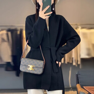 皮爾卡丹（pierre cardin）秋冬新款高端氣質(zhì)女士開衫中長款系帶毛衣外套寬松羊毛針織衫 黑色 M (適合90-105斤)