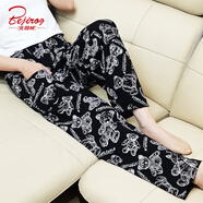 北極絨（Bejirog）夏季新款棉綢褲子女高腰沙灘褲人造棉綢外穿防蚊褲家居空調(diào)長褲 小熊黑底 2XL 直筒褲  131至160斤