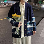龍語者提花毛衣外套男開衫慵懶風2022新款秋季百搭寬松撞色上衣潮針織衫 藏青色 2XL