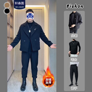 軒森圖胖子男裝全身搭配秋冬季毛呢外套男士休閑小西裝夾克西服大碼套裝 黑色外套+毛衣+加絨褲子 3XL (185) 建議180-200斤穿