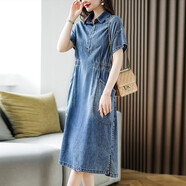穆夏百合2025夏季新款女裝時(shí)尚休閑小個(gè)子短袖牛仔連衣裙中長(cháng)a字襯衫裙子 藍 XL (130斤-140斤)