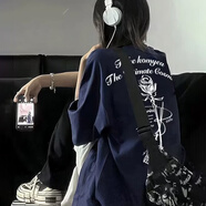 7家優(yōu)品短袖男2024春夏新款美式哥特風(fēng)字母印花圓領(lǐng)重磅潮牌百搭情侶T恤 MCWP-SC59深藍色 L