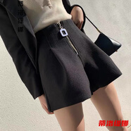短褲女高腰新款外穿a字寬松秋冬休閑闊腿女士短褲單兩件裝毛呢高腰短褲女秋冬新款顯瘦百搭褲子冬季外穿靴褲 黑色【單件裝】 3XL 145-160斤