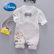 迪士尼（Disney）春秋1-3個(gè)月6新生嬰兒長(zhǎng)袖紳士哈衣寶寶連體衣服男童周歲禮服百天 淺灰色 格子灰色背帶長(zhǎng)袖 73cm 建議14-18斤左右